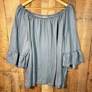 Catherines Blue 100% Lyocell Off Shoulder Ruffle Sleeve Blouse Top Plus Size 3X